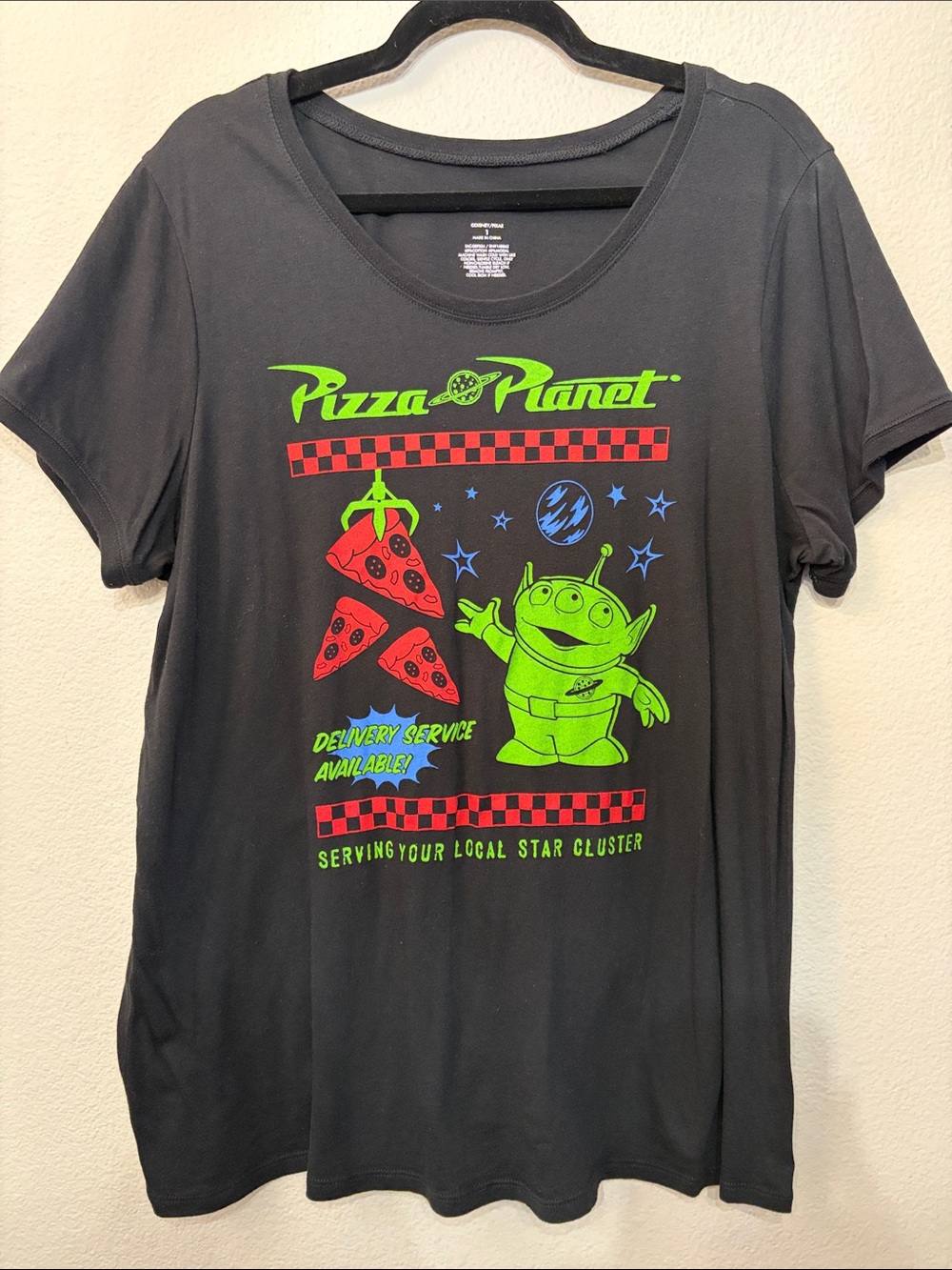 Disney Black Tee with Neon Green Alien Graphic